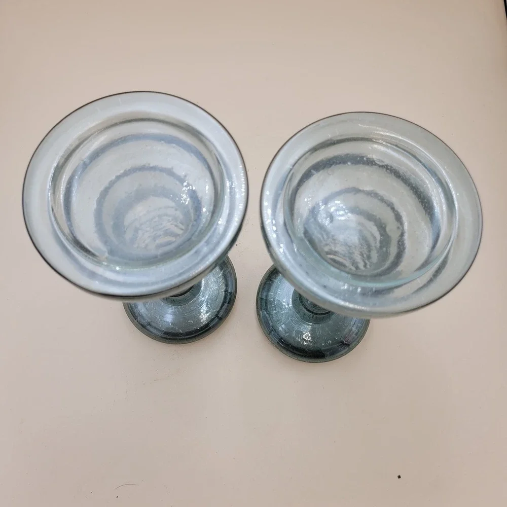 Green Seeded Crackle Glass Pillar Candle Holders Silver‎ Trim Set of 2 8.5 Inch